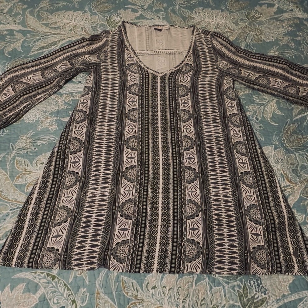 Roxy April Morn boho knee dress, sz xs, blk/cream w crochet, used/good